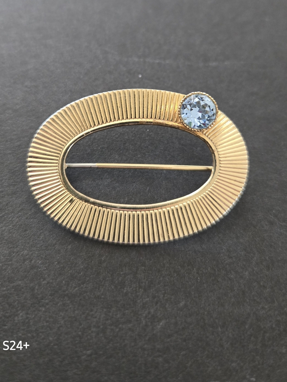 Vintage Gold-tone Oval Brooch with Light Blue Rhinestone Accent